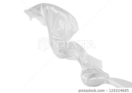 Flowing white fabric flying on white background. 128324685