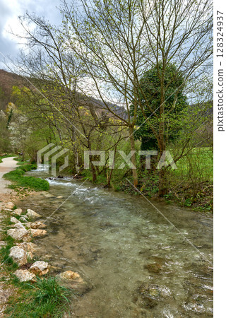 Tranquil Spring River Landscape With Lush Greenery, Overcast Sky, Rolling Hillside, Rugged Tree Trunk, Serene Atmosphere. Tranquil Spring River Landscape With Lush Greenery, Overcast Sky, Rolling Hillside, Rugged Tree Trunk, Serene Atmosphere. 128324937