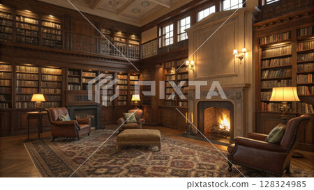 Large home library with fireplace 128324985