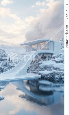 modern architectural house in snowy landscape with reflection on water, futuristic living concept modern architectural house in snowy landscape with reflection on water, futuristic living concept 128325004