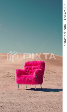 Pink furry chair in desert landscape, surreal art concept 128325006