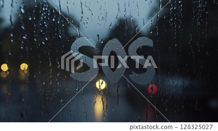 Sos letters on rainy window at night with blurred street lights. emergency signal and urban concept 128325027