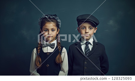 School pupil, boy and girl standing in front of black board. School children couple. Generated AI. 128325093