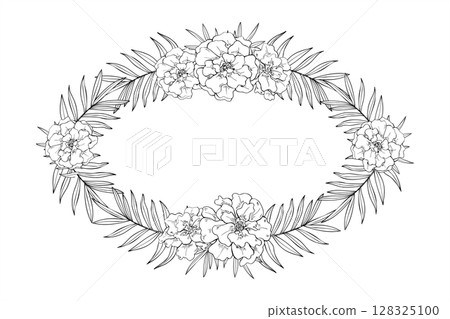 Monochrome oval frame with marigold flowers and palm leaves with empty space for text. Flower heads vector illustration for beauty product packaging, certificates, vintage label, wedding invitation. Monochrome oval frame with marigold flowers and palm leaves with empty space for text. Flower heads vector illustration for beauty product packaging, certificates, vintage label, wedding invitation. 128325100