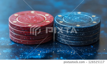 Stacks of red and blue poker chips on a textured surface 128325117