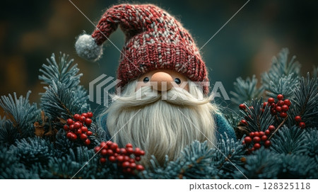 Christmas gnome with red knitted hat surrounded by pine branches and berries, holiday decoration concept 128325118