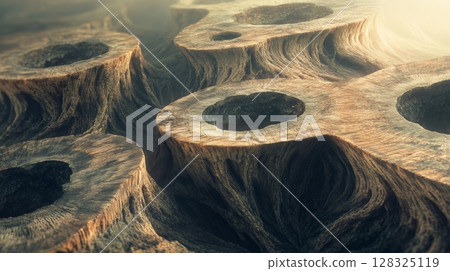 Textured abstract landscape with erosion patterns in soft light 128325119