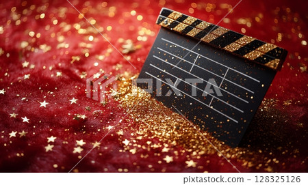 Cinema clapperboard on glittery red background, festive concept 128325126
