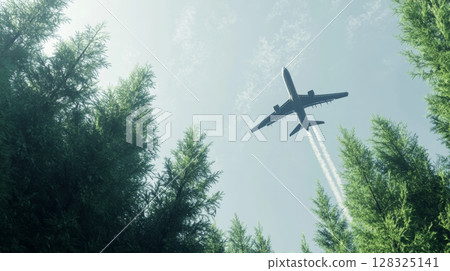 Airplane flying over green forest, serene view from below. Nature and aviation concept 128325141