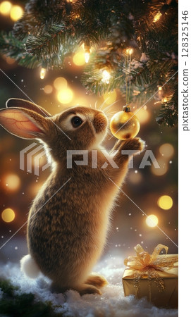 Rabbit decorating christmas tree with golden ornament, festive winter scene. Holiday magic and joy concept 128325146