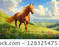 Majestic horse standing in a colorful meadow with hills and bright skies 128325475