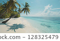 Tropical paradise with palm trees, sandy beach, and crystal clear ocean water 128325479