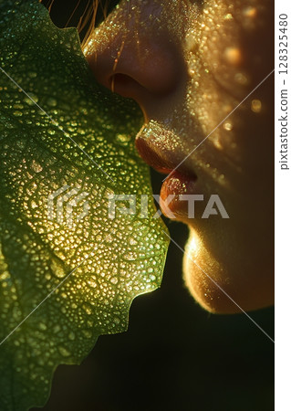 Close-up of a face illuminated by sunlight and a dewy leaf 128325480