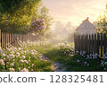 Serene rural garden path surrounded by blooming flowers in soft morning light 128325481
