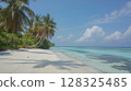 Idyllic tropical beach with palm trees and blue sea under a sunny sky 128325485