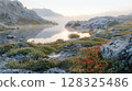 Scenic alpine lake surrounded by colorful flowers during a serene sunrise 128325486