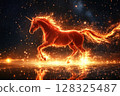 Fiery magical unicorn galloping under star-filled night sky in enchanting scene 128325487