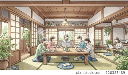 Young people from rural areas working in old houses 128325489