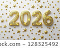 Golden 2026 text with scattered stars creating a festive atmosphere 128325492