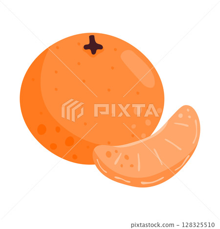 Mandarin. Tangerine. Whole fruit and a slice. Citrus fruits. Juicy fruit. Vector illustration is isolated on a white background. Mandarin. Tangerine. Whole fruit and a slice. Citrus fruits. Juicy fruit. Vector illustration is isolated on a white background. 128325510