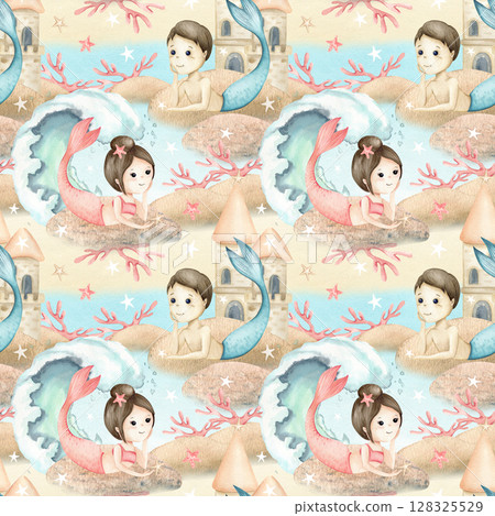 Mermaids girl and boy children's illustration lie on sea stone seamless pattern. Waves, underwater castle, corals watercolor seascape. Couple in love of kids for child's textile, stationery, fabric 128325529