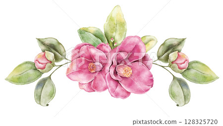 Horizontal watercolor floral composition with blooming pink camellias isolated on white. Hand painted arrangement ideal for cards, invitations, textile design and romantic packaging. Horizontal watercolor floral composition with blooming pink camellias isolated on white. Hand painted arrangement ideal for cards, invitations, textile design and romantic packaging. 128325720