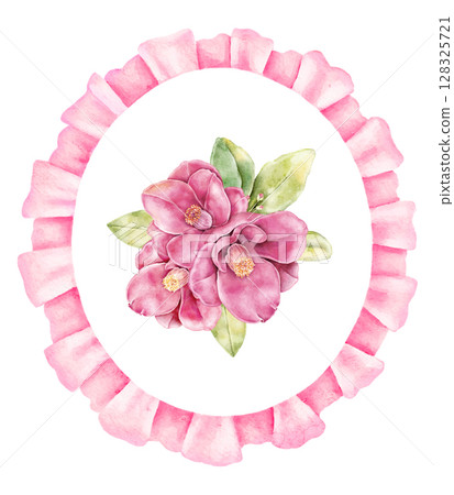 Watercolor oval floral frame with a pink camellia bouquet and decorative ribbon isolated on white. Ideal for romantic cards, spring invitations, packaging and printable paper crafts. Watercolor oval floral frame with a pink camellia bouquet and decorative ribbon isolated on white. Ideal for romantic cards, spring invitations, packaging and printable paper crafts. 128325721