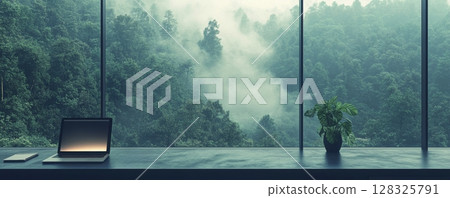 Modern workspace with laptop overlooking misty forest 128325791