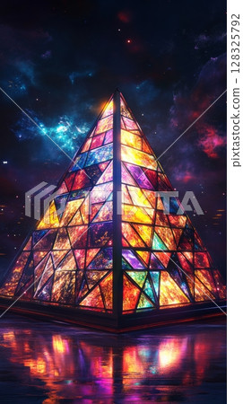 Illuminated stained glass pyramid with cosmic background, futuristic art concept 128325792