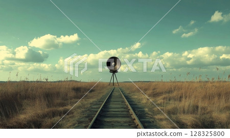 surreal landscape with giant speaker on abandoned railway in open field, conceptual art 128325800
