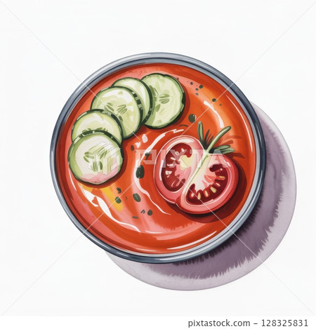 Deliciously Vibrant Watercolor Illustration of a Fresh Tomato Soup With Cucumber and Tomato Garnishes 128325831