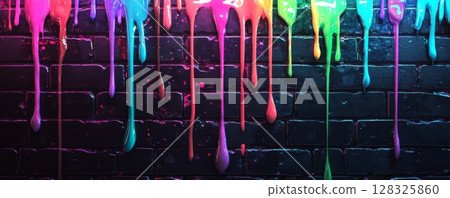 Colorful paint drips on a black brick wall 128325860