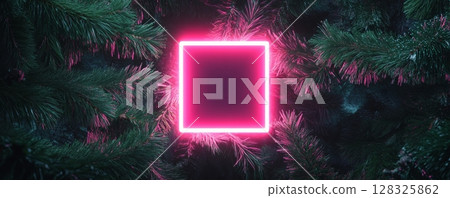 Glowing neon square frame surrounded by pine branches, abstract nature concept 128325862