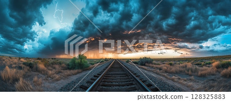 Railroad track leading into stormy horizon with dramatic clouds, panoramic view. Weather and travel adventure concept 128325883