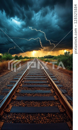 Railroad tracks under stormy sky with lightning, dramatic nature scene 128325884