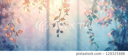 Dreamy forest scene with autumn leaves and soft light, magical nature concept 128325886