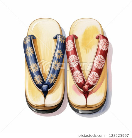 Colorful Watercolor Illustration of Traditional Footwear With Floral Designs for Cultural Celebration 128325997