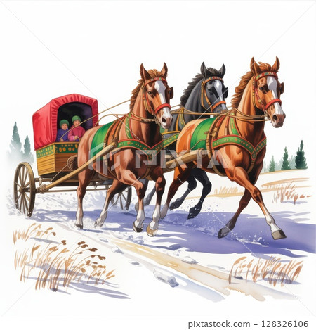 Winter Journey With Horses Pulling a Colorful Carriage Through Snowy Landscape With Joyful Passengers 128326106