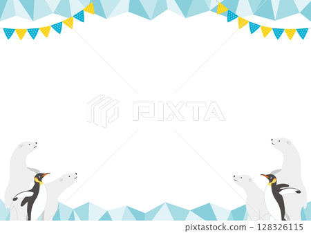 冰與北極熊和企鵝的水平框架插圖_綠色 冰與北極熊和企鵝的水平框架插圖_綠色 128326115