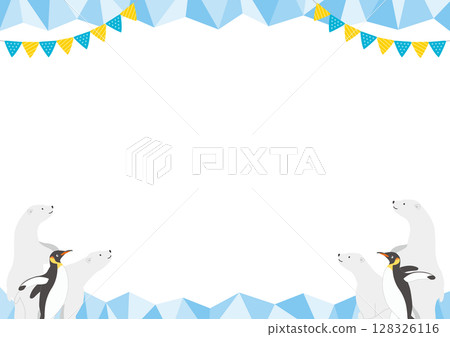 冰與北極熊和企鵝的水平框架插圖_藍色 128326116