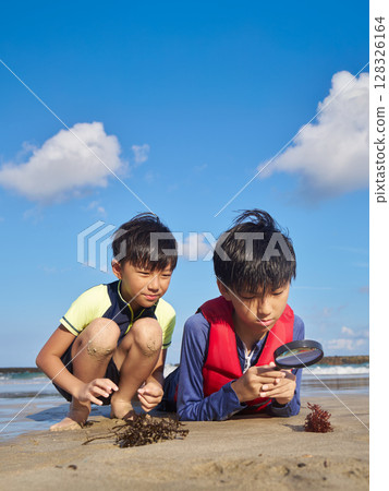 Elementary school students using magnifying glasses to observe nature on a summer beach 128326164