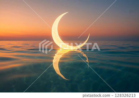 Glowing Crescent Moon Reflected in Calm Ocean at Sunset 128326213