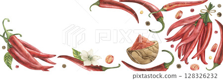 A banner with red hot chili pepper, ground paprika in a wooden plate, spices, pieces of pepper, green leaves, flowers. The watercolor illustration is hand-drawn in a botanical style. For culinary 128326232