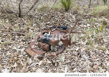 An old rusty lawn mower abandoned in a forest 128326238