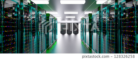 Server room data center. Backup, mining, hosting, mainframe, farm and computer rack with storage information. 3d render Server room data center. Backup, mining, hosting, mainframe, farm and computer rack with storage information. 3d render 128326258