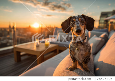 Dachshund sitting on rooftop lounge with city skyline view Dachshund sitting on rooftop lounge with city skyline view 128326296