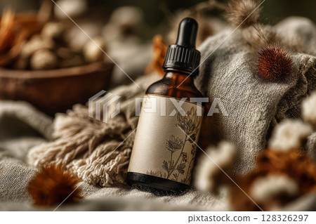 Dropper bottle with floral label on soft linen fabric and natural decor Dropper bottle with floral label on soft linen fabric and natural decor 128326297