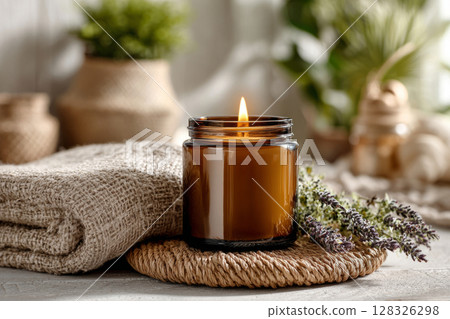 Candle with dried flowers, wood and natural spa decor elements Candle with dried flowers, wood and natural spa decor elements 128326298