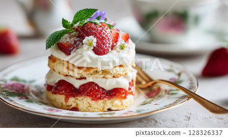 Delicious layered strawberry shortcake with whipped cream, fresh strawberries, and mint on a floral plate. 128326337