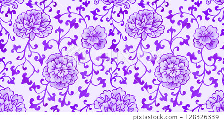 Monochrome violet watercolor style chinoiserie seamless pattern 128326339